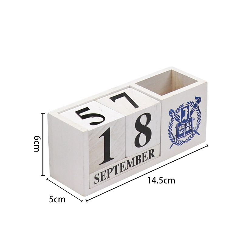 Desktop White Wooden Calendar with Pen Holder