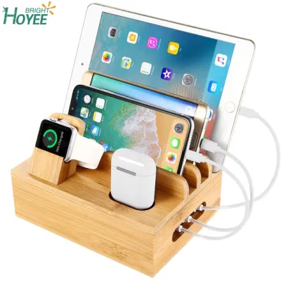 Dock per stazione di ricarica in bambù per caricatore USB da 4/5/6 porte, organizer per docking station da tavolo per cellulare, smartwatch, tablet